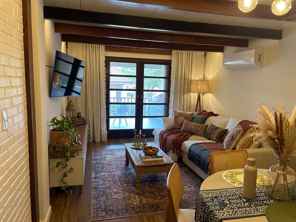 Warm, layered living room design