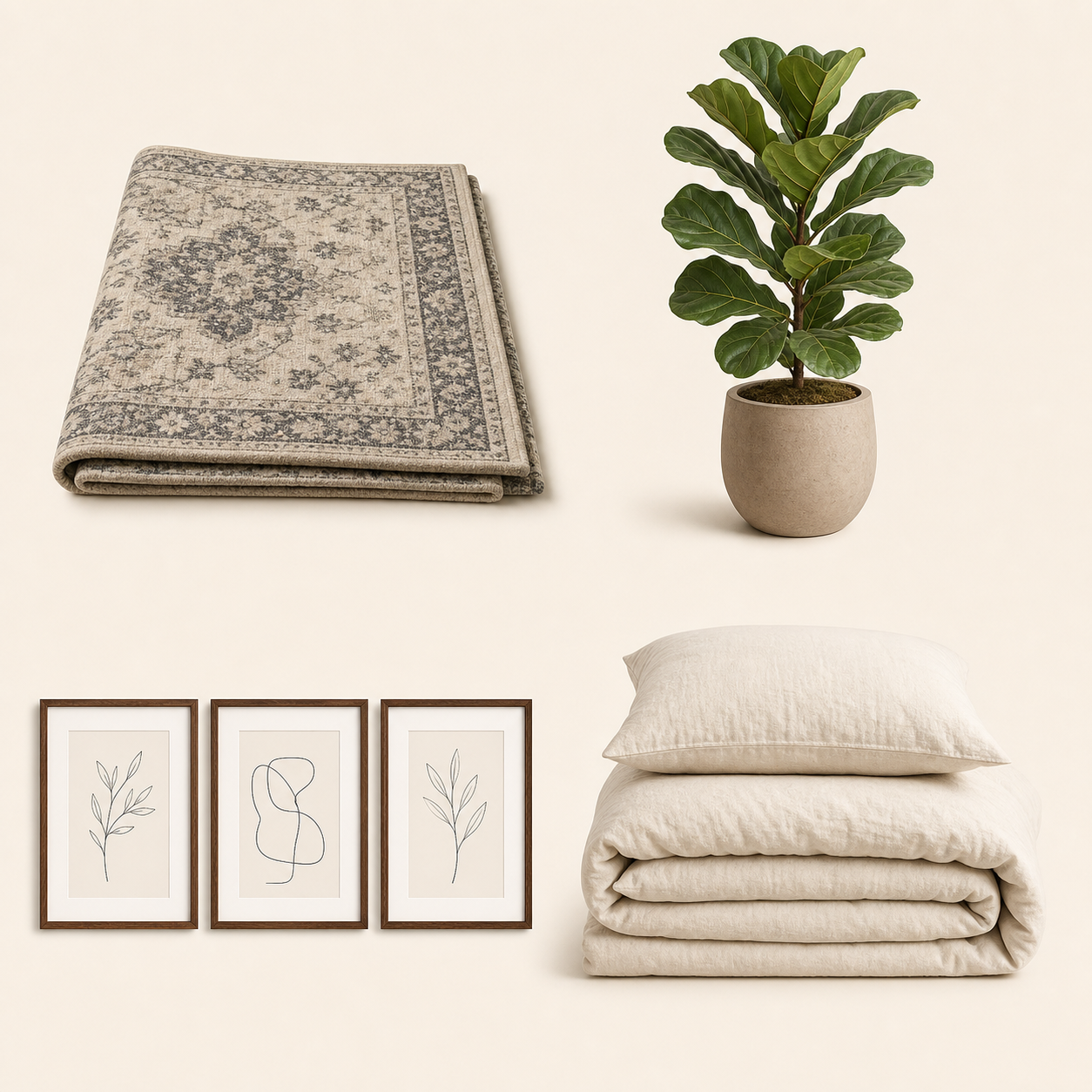 Illustrative room shopping plan with a rug, indoor tree and wall prints